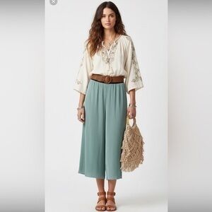 Zara Bohemian Green Highrise Ribbed Palazzo Flowy Cropped Pants Size Small